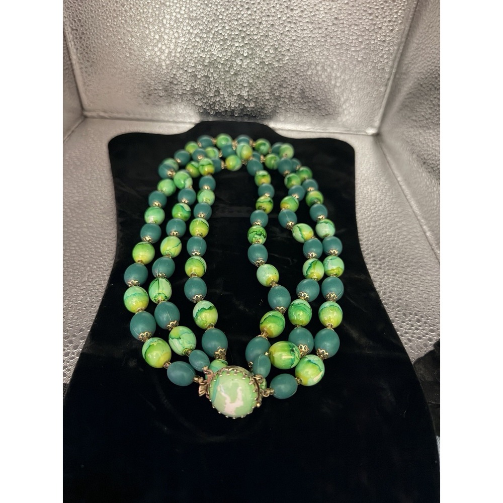 Vintage Green Lucite Style Bead Necklace Double Strand MCM 1950s 60s Gold Tone